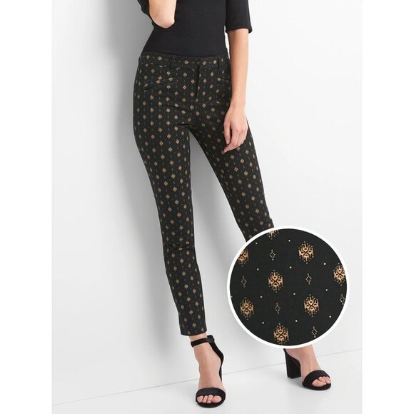 Gap 4 Skinny Ankle Black & Gold Print Pants New - Picture 1 of 5